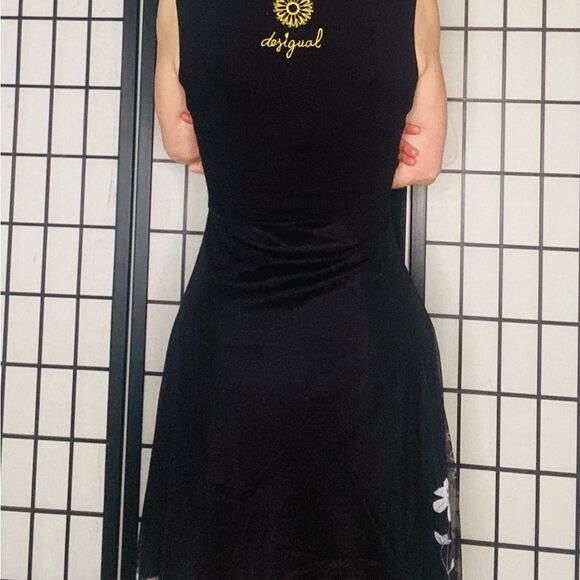 Desigual Black Dress with White Floral Patterns and Crystal embellishments - Picture 9 of 9